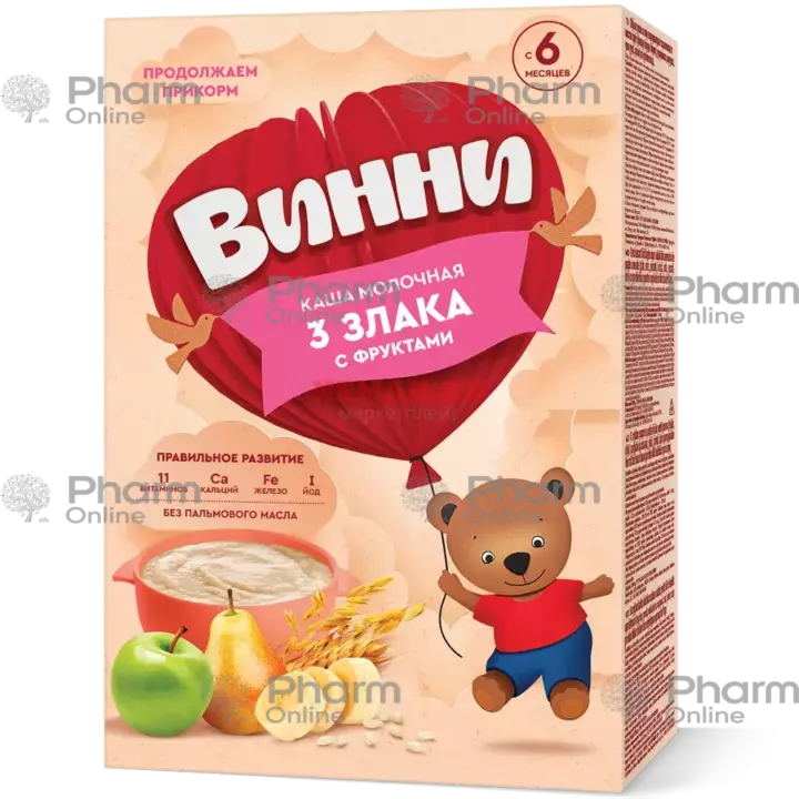 Детское питание Винни каша с 6-ти мес молочная, 3 злака с фруктами 200 гр