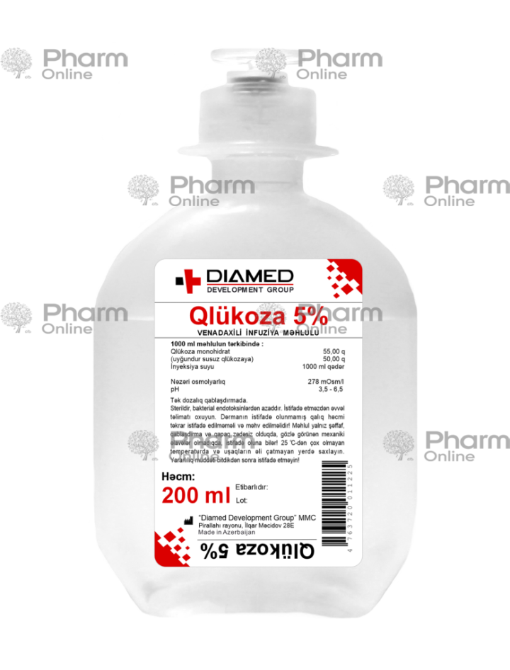 Qlükoza 5% 200 ml (məhlul)