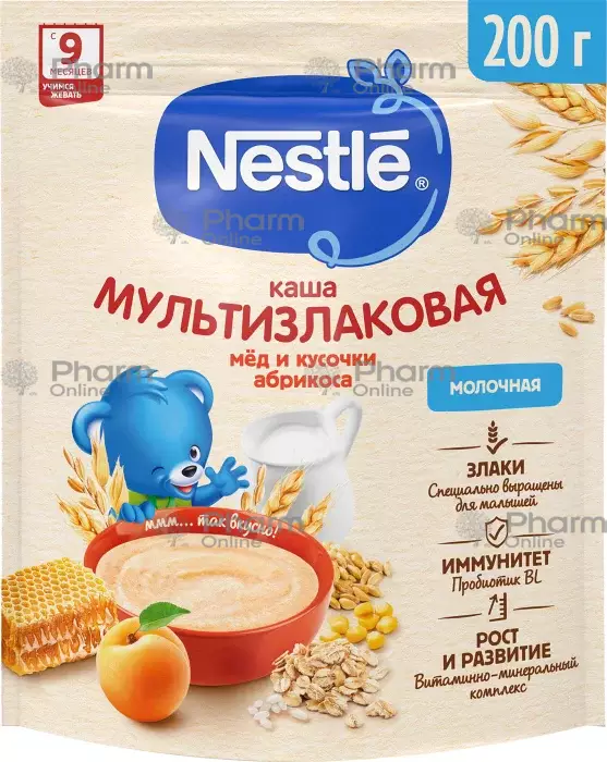 Uşaq qidası  Nestlé sıyığı 9 aylıq bal və ərik parçaları ilə çox yarmalı/süd. Doypak (3472)