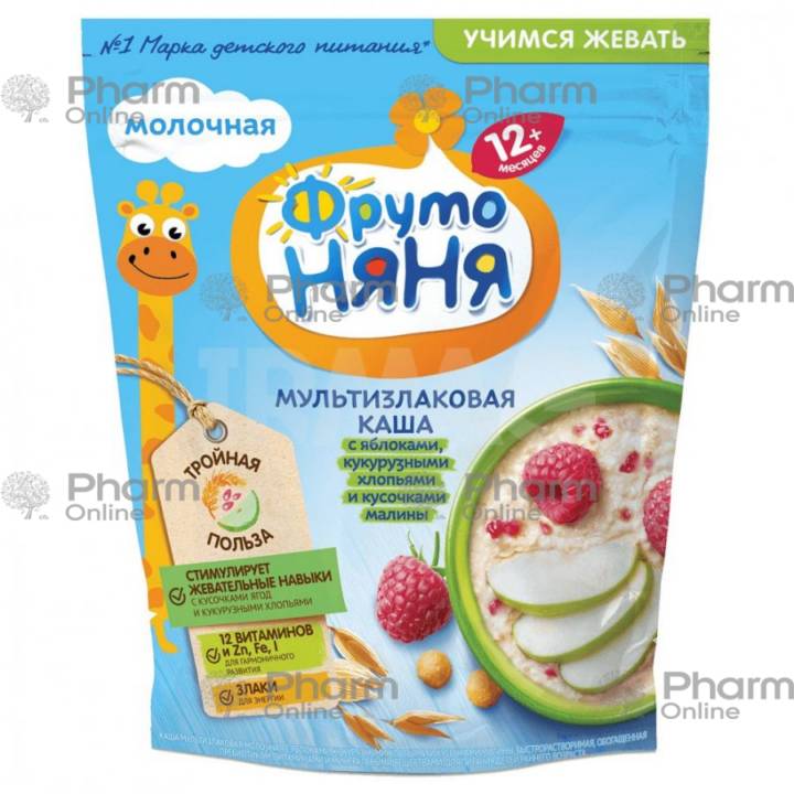 Детское питание  Фруто няня  каша с 12+ мес мультизлаковая с кусочками с яблоками кукурузными и мали